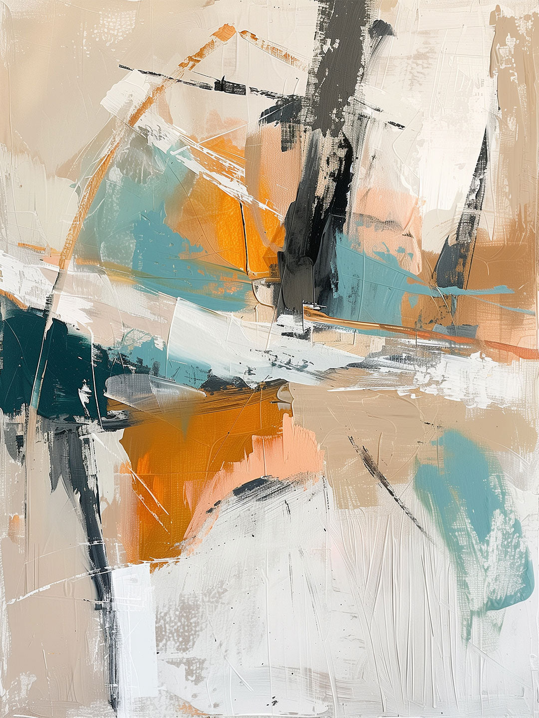 Warm Fracture – abstract expressionist painting featuring dynamic palette knife strokes in orange, teal, and black over a beige and white canvas, available on ArtixHub