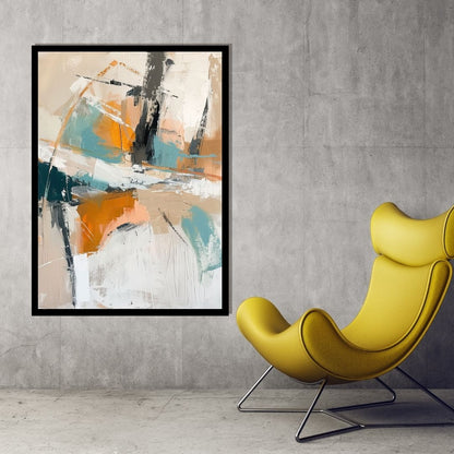 Warm Fracture – abstract expressionist painting featuring dynamic palette knife strokes in orange, teal, and black over a beige and white canvas, available on ArtixHub