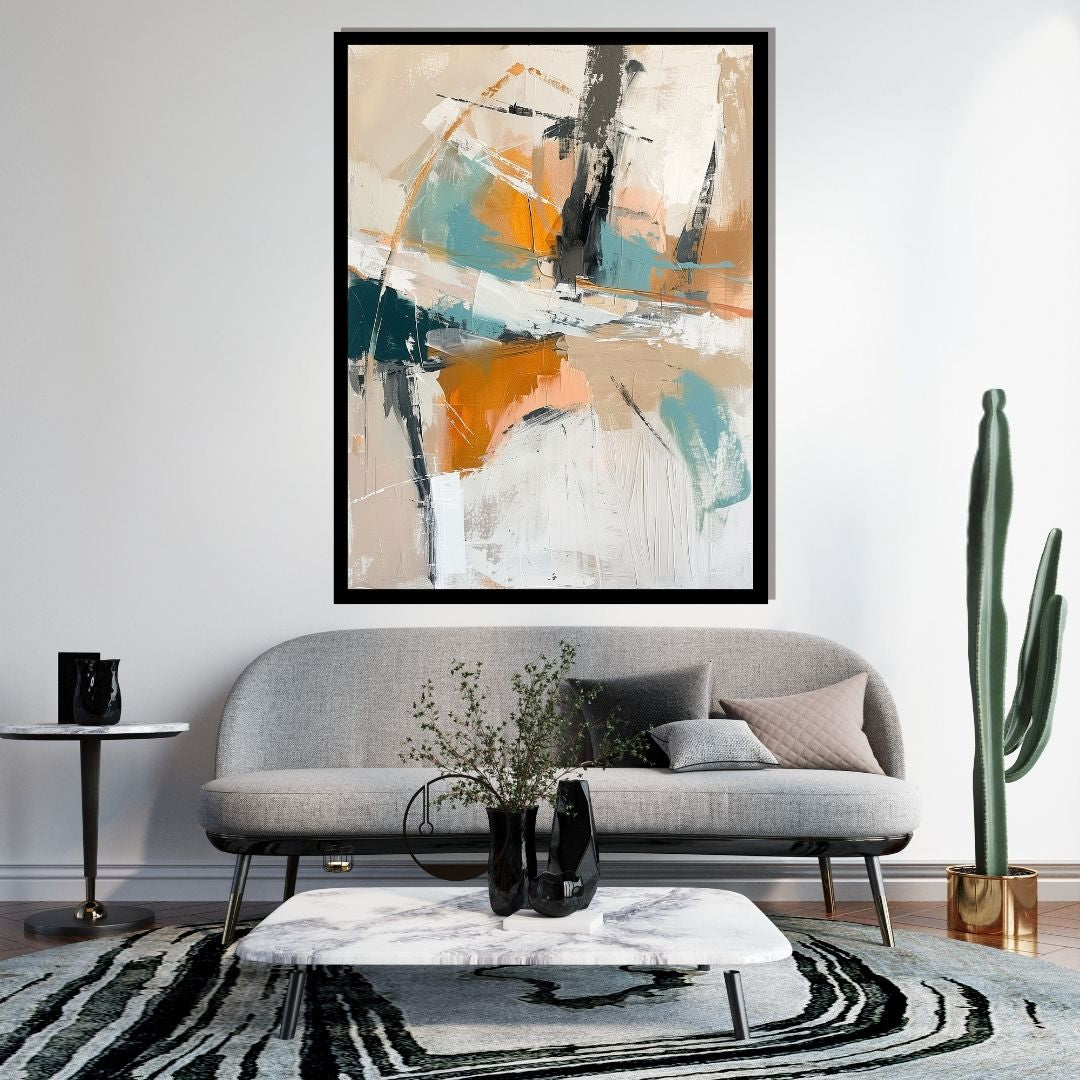 Warm Fracture – abstract expressionist painting featuring dynamic palette knife strokes in orange, teal, and black over a beige and white canvas, available on ArtixHub