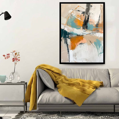 Warm Fracture – abstract expressionist painting featuring dynamic palette knife strokes in orange, teal, and black over a beige and white canvas, available on ArtixHub