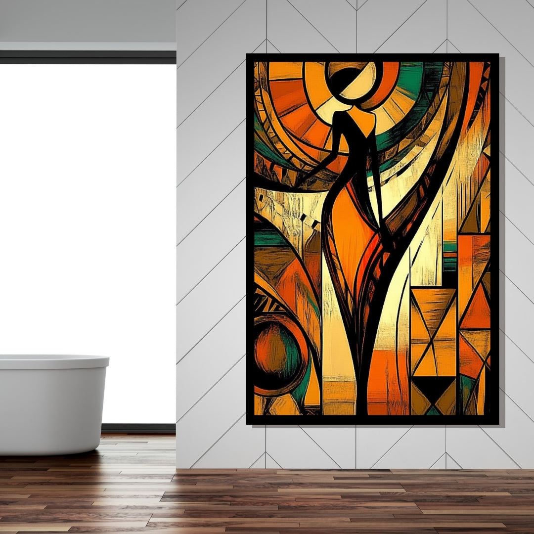 Abstract artwork with geometric shapes and a central figure in warm colors. Woven in Rhythm – Abstract African silhouette with geometric sunburst patterns by Amina Diallo