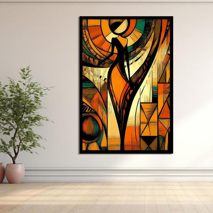 Abstract artwork with geometric shapes and a central figure in warm colors. Woven in Rhythm – Abstract African silhouette with geometric sunburst patterns by Amina Diallo