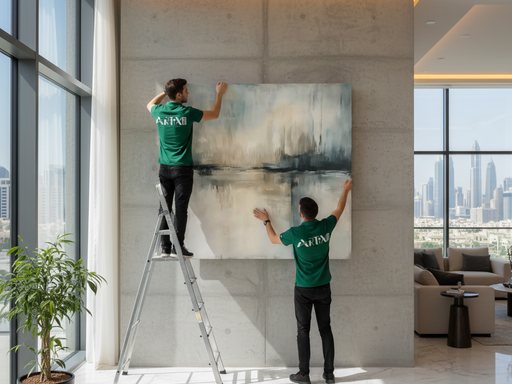 Artix Hub team installing a large original abstract canvas on a concrete feature wall.