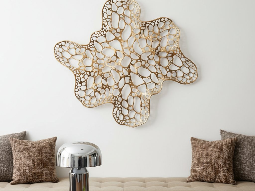 Sculptural openwork metal wall panel mounted above a bench in a minimal interior.