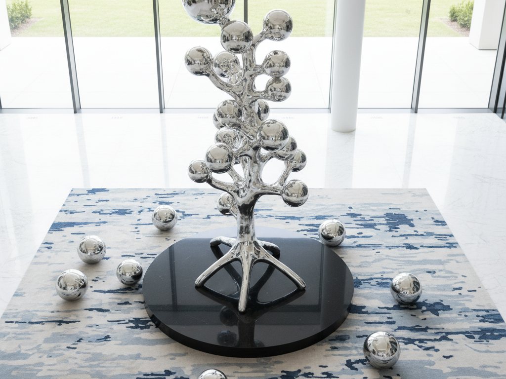 Polished stainless-steel sculpture on a circular plinth in a daylit lobby.