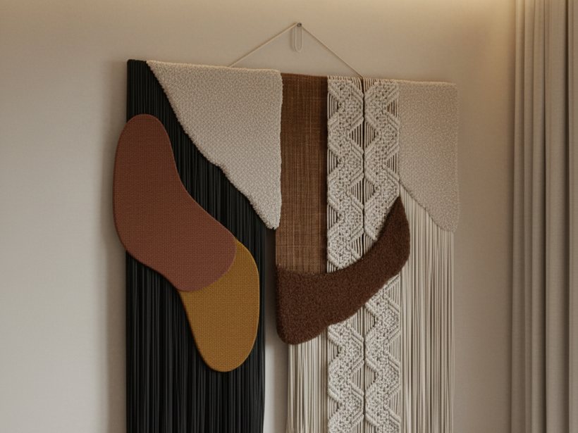 Large handwoven macramé and fibre wall hanging with layered organic forms.